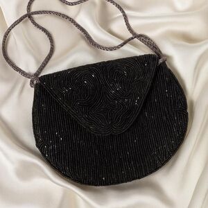 Vintage Beaded Evening Bag Grey/Black | Satin Silk Interior | Excellent Vintage